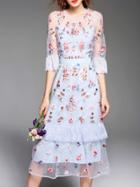 Romwe Blue Sheer Flowers Gauze Embroidered Long Dress