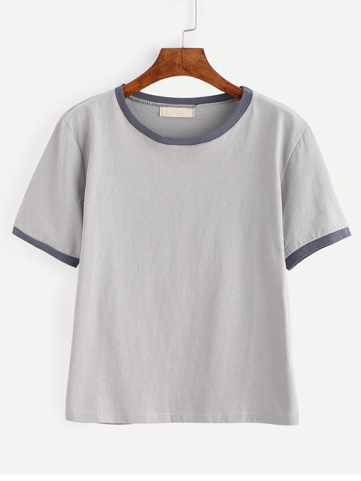 Romwe Grey Contrast Trim T-shirt