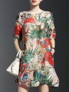 Romwe Multicolor Crew Neck Floral Pockets Dress