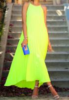 Romwe Neon Green Spaghetti Strap Pleated Maxi Dress