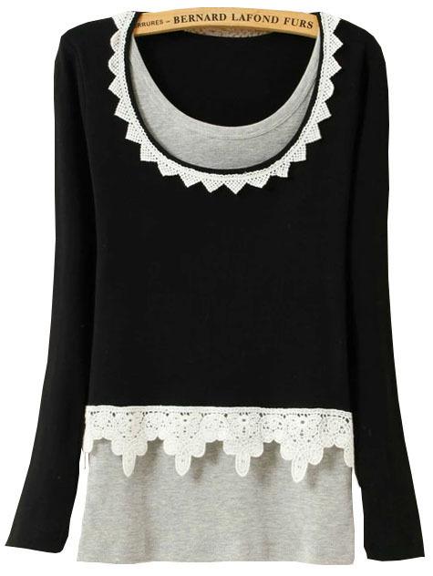 Romwe Contrast Lace Long Sleeve Black T-shirt