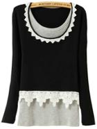 Romwe Contrast Lace Long Sleeve Black T-shirt