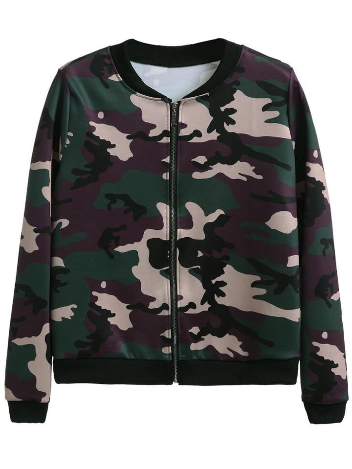 Romwe Camo Print Zip Up Jacket