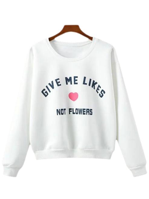 Romwe White Heart Letter Print Pullover Sweatshirt