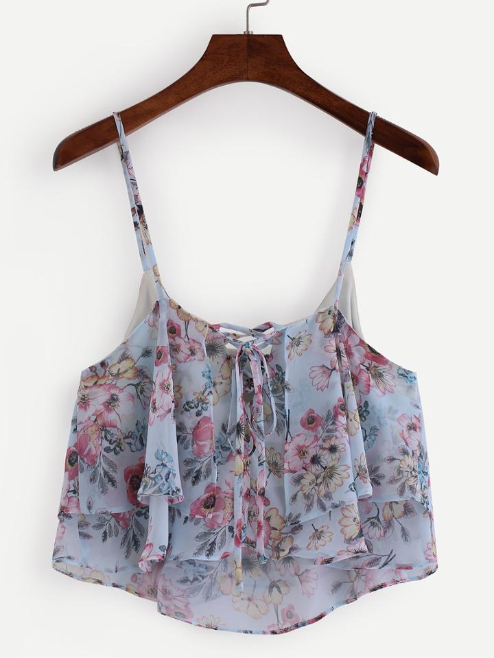Romwe Floral Print Ruffle Lace Up Cami Top