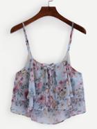 Romwe Floral Print Ruffle Lace Up Cami Top