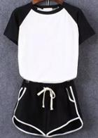 Romwe Color-block Short Sleeve Top With Elastic Waist Black Shorts