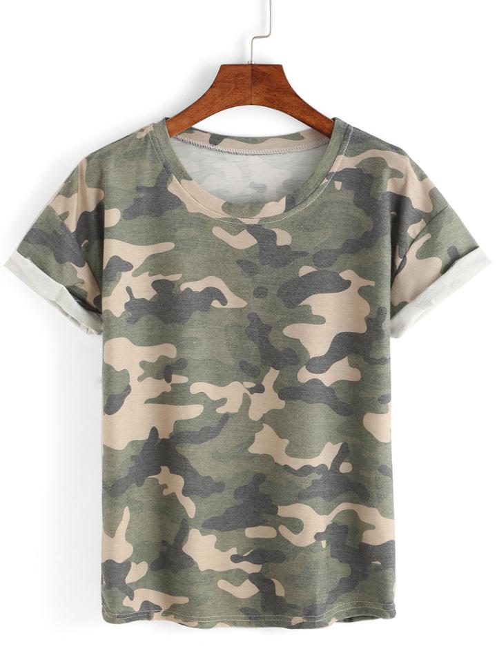 Romwe Rolled Sleeve Camouflage T-shirt