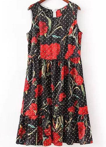 Romwe With Zipper Polka Dot Florals Black Dress