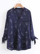 Romwe Crane Print Tie Cuff V Neckline Blouse