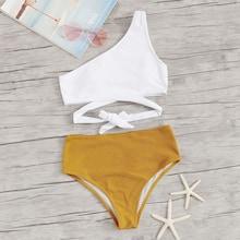 Romwe Two Tone Ribbed One Shoulder Bikini Set