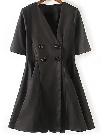 Romwe Black V Neck Buttons Front Dress