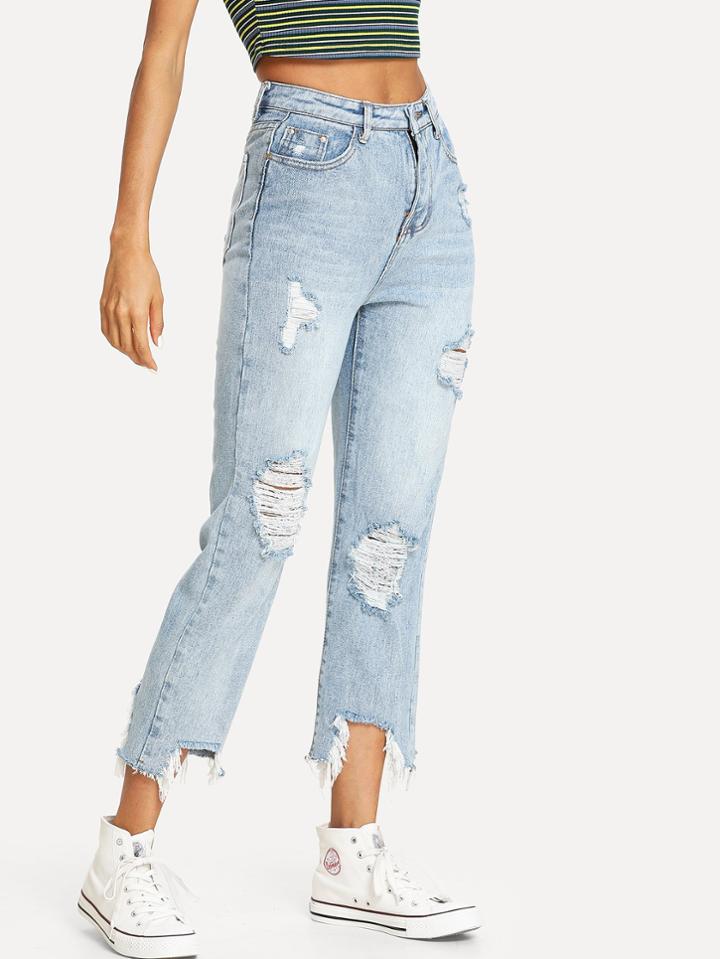Romwe Bleach Wash Frayed Hem Ripped Jeans