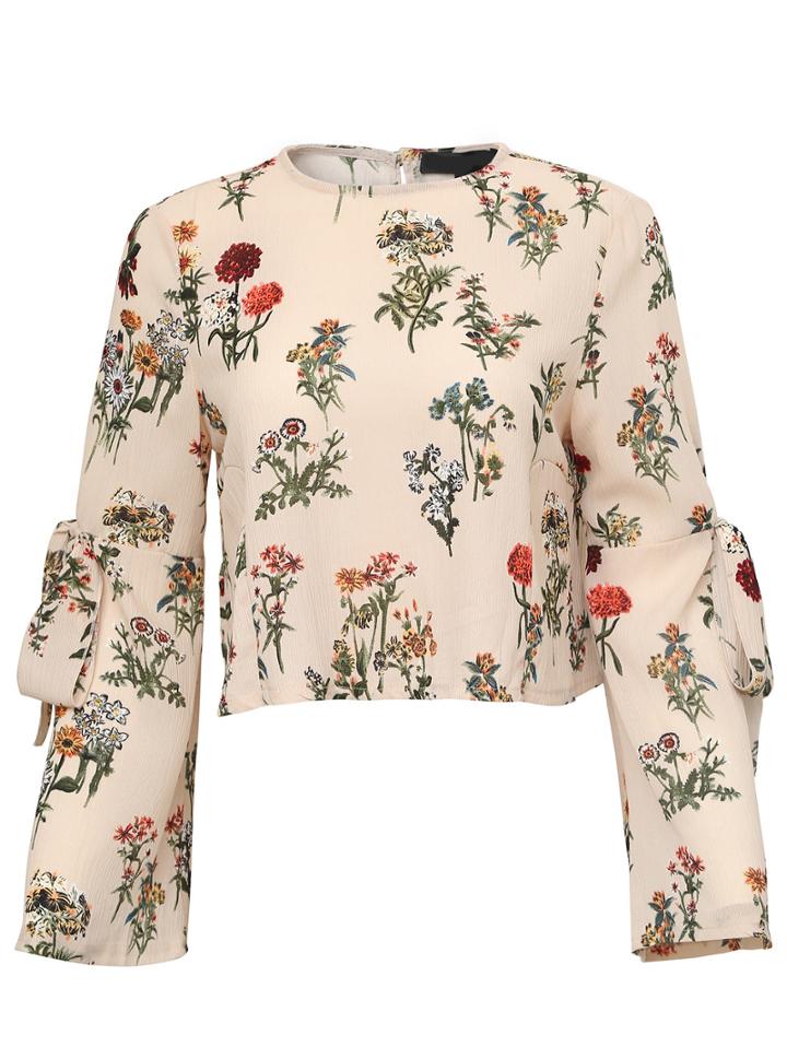 Romwe Apricot Floral Bow Tie Key-hole Back Blouse