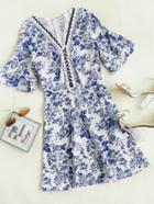 Romwe Fluted Sleeve Floral Print Random Lace Up Dress