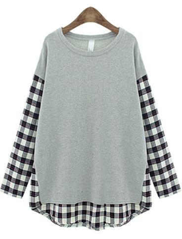 Romwe Contrast Plaid Loose Grey T-shirt