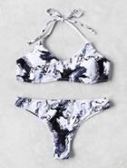Romwe Tie Dye Print Halter Bikini Set