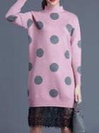 Romwe Pink Polka Dot Knit Contrast Lace Dress