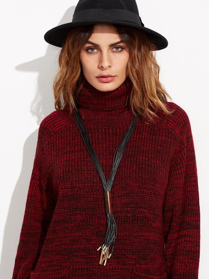 Romwe Black Faux Leather Tassel Metal Trim Sweater Necklace