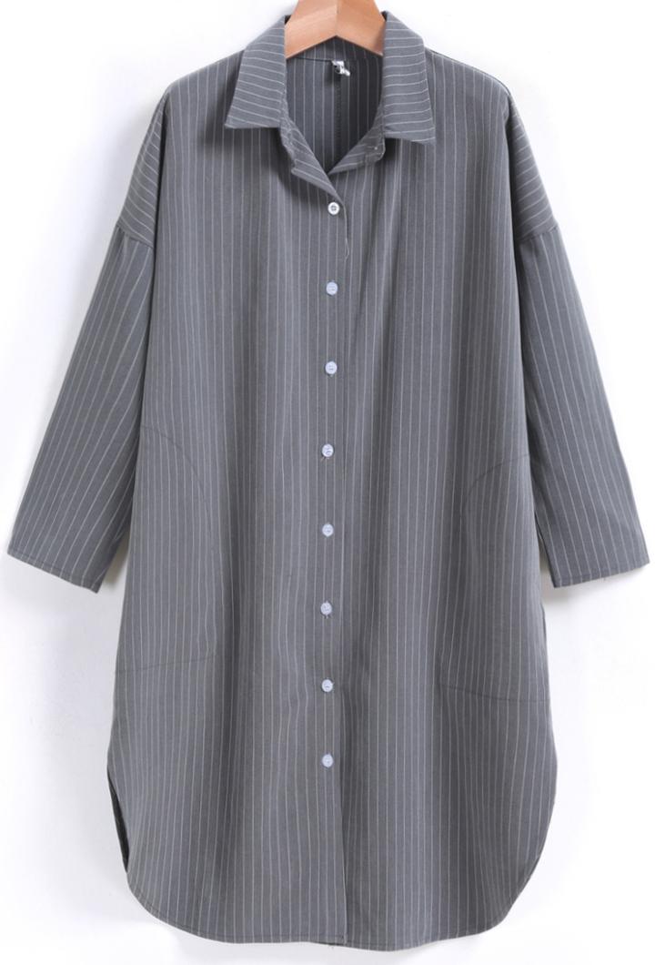 Romwe Lapel Vertical Striped Solit Side Blouse