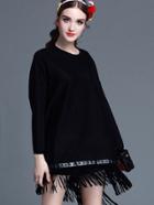 Romwe Black Round Neck Long Sleeve Tassel Dress