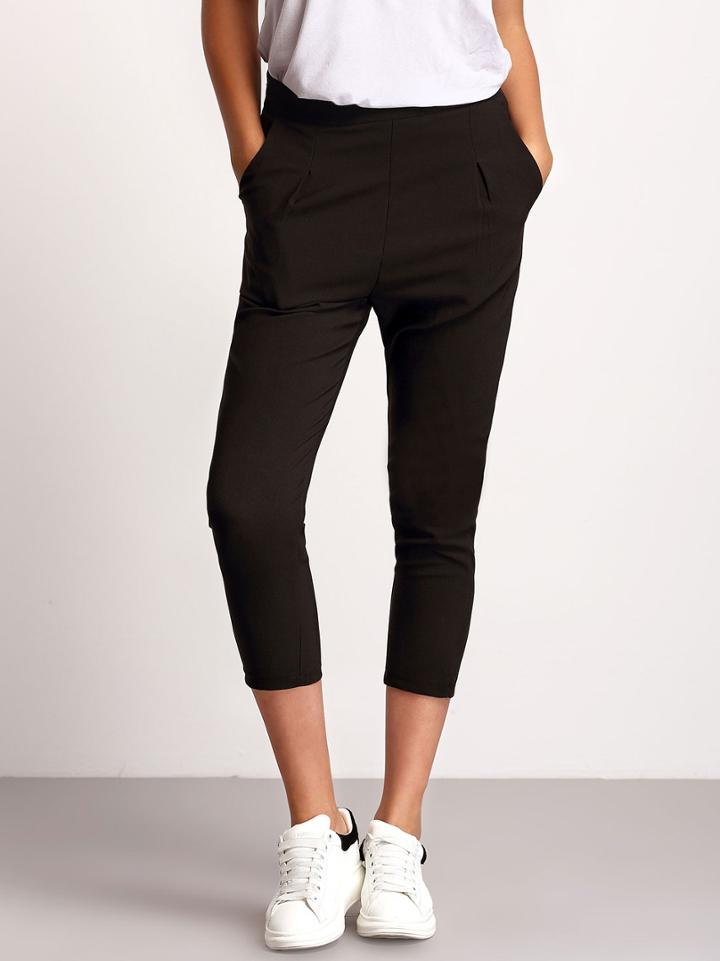 Romwe Black Slim Pockets Crop Pant