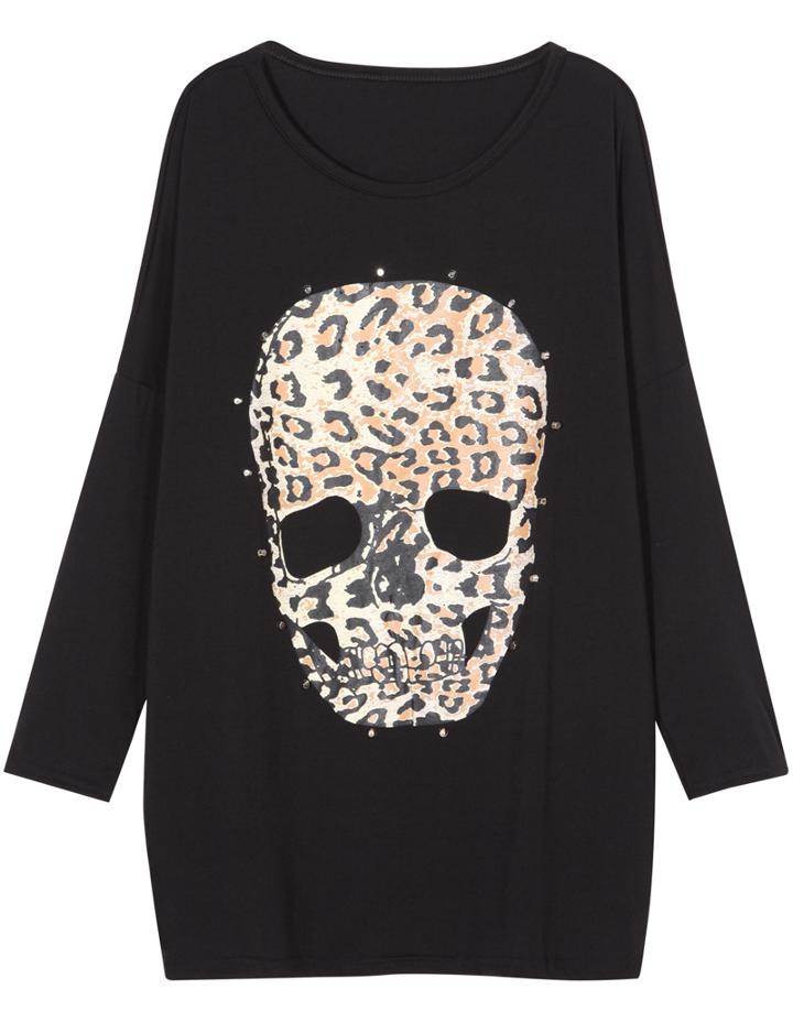 Romwe Long Sleeve Leopard Skull Print Loose T-shirt