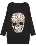 Romwe Long Sleeve Leopard Skull Print Loose T-shirt
