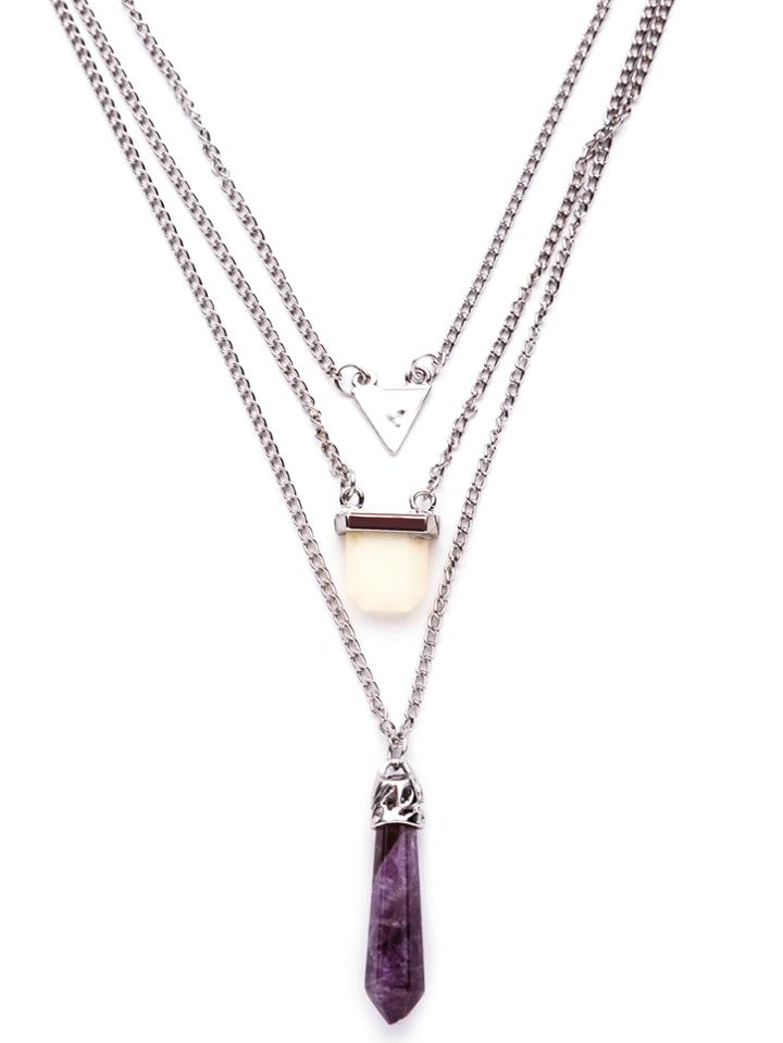 Romwe Purple Crystal Geometric Pendant Layered Necklace