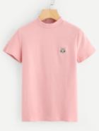 Romwe Stand Neck Cat Embroidered Tee
