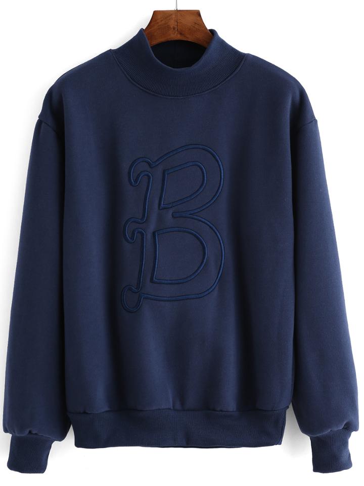 Romwe High Neck B Embroidered Sweatshirt