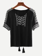 Romwe Embroidered Tassel Tie-neck Top - Black