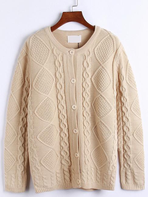 Romwe Round Neck Cable Knit Buttons Apricot Coat