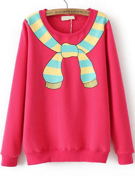 Romwe Scarf Print Loose Red Sweatshirt