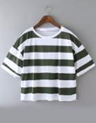 Romwe Green Short Sleeve Striped Crop Loose T-shirt