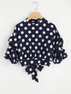 Romwe Polka Dot Ruched Sleeve Top With Bow Tie Back