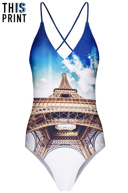 Romwe This Is Print Tower Print Crossed Self-tied Halter Swimsuit