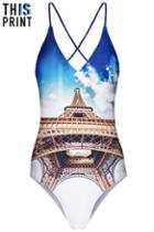 Romwe This Is Print Tower Print Crossed Self-tied Halter Swimsuit