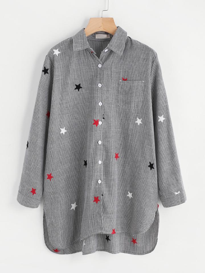 Romwe Star Embroidery Striped Longline Blouse