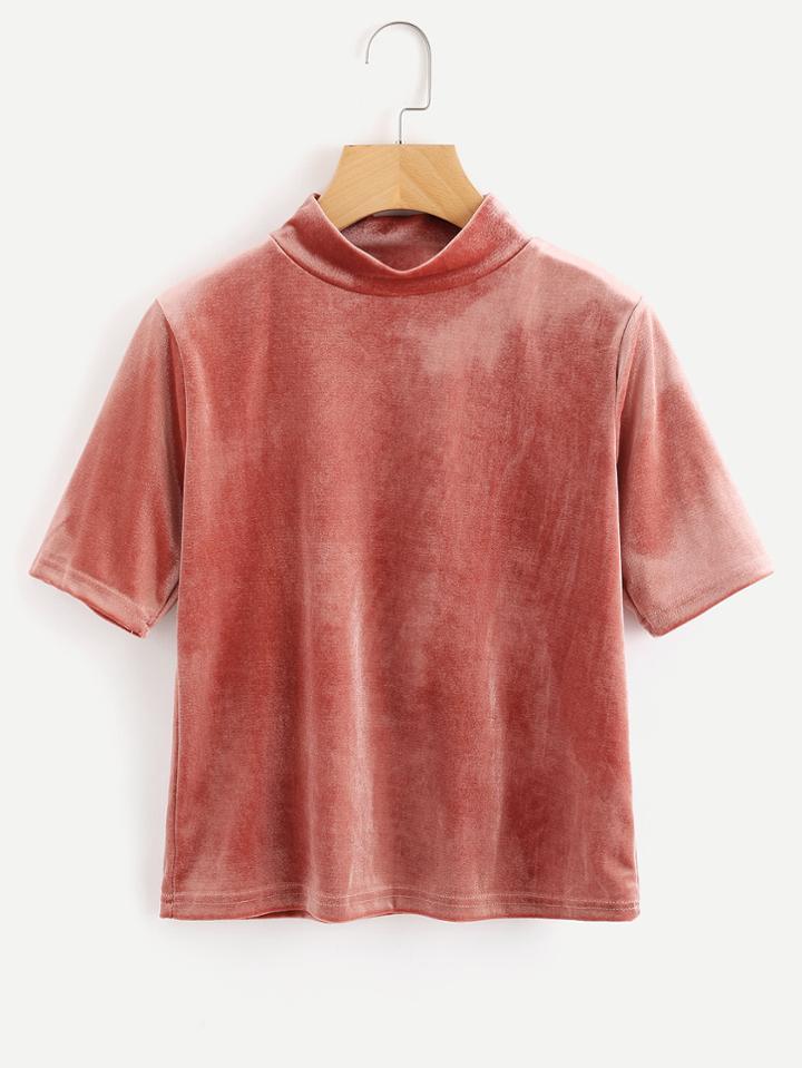 Romwe High Neck Velvet Tee