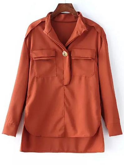 Romwe Dip Hem Split Single Button Orange Blouse With Pockets