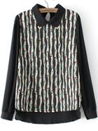Romwe Vertical Stripe Polka Dot Dip Hem Black Blouse