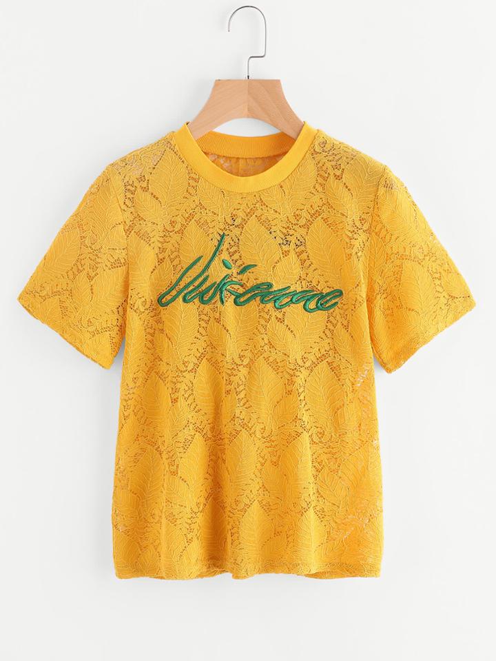 Romwe Ribbed Neck Letter Embroidered Leaf Lace Top