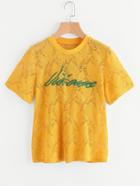 Romwe Ribbed Neck Letter Embroidered Leaf Lace Top
