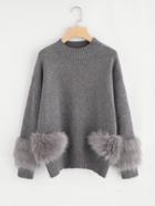 Romwe Faux Fur Detail Drop Shoulder Jumper