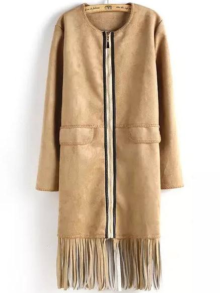 Romwe Round Neck Zipper Tassel Khaki Coat