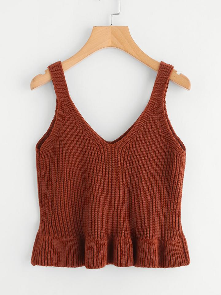 Romwe V Neckline Ruffle Hem Knit Cami Top