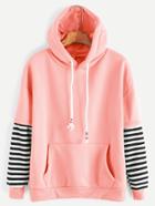 Romwe Pink Sleeve Striped Drawstring Hooded Sweatshirt With Pocket