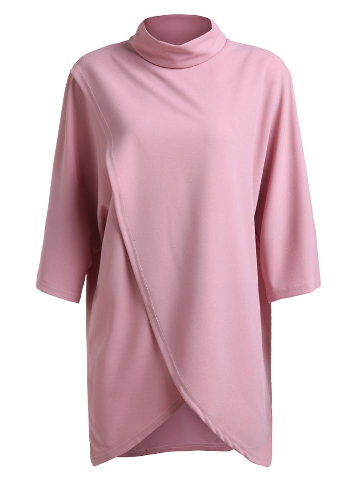 Romwe Pink Polo Neck Asymmetrical T-shirt