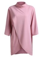 Romwe Pink Polo Neck Asymmetrical T-shirt